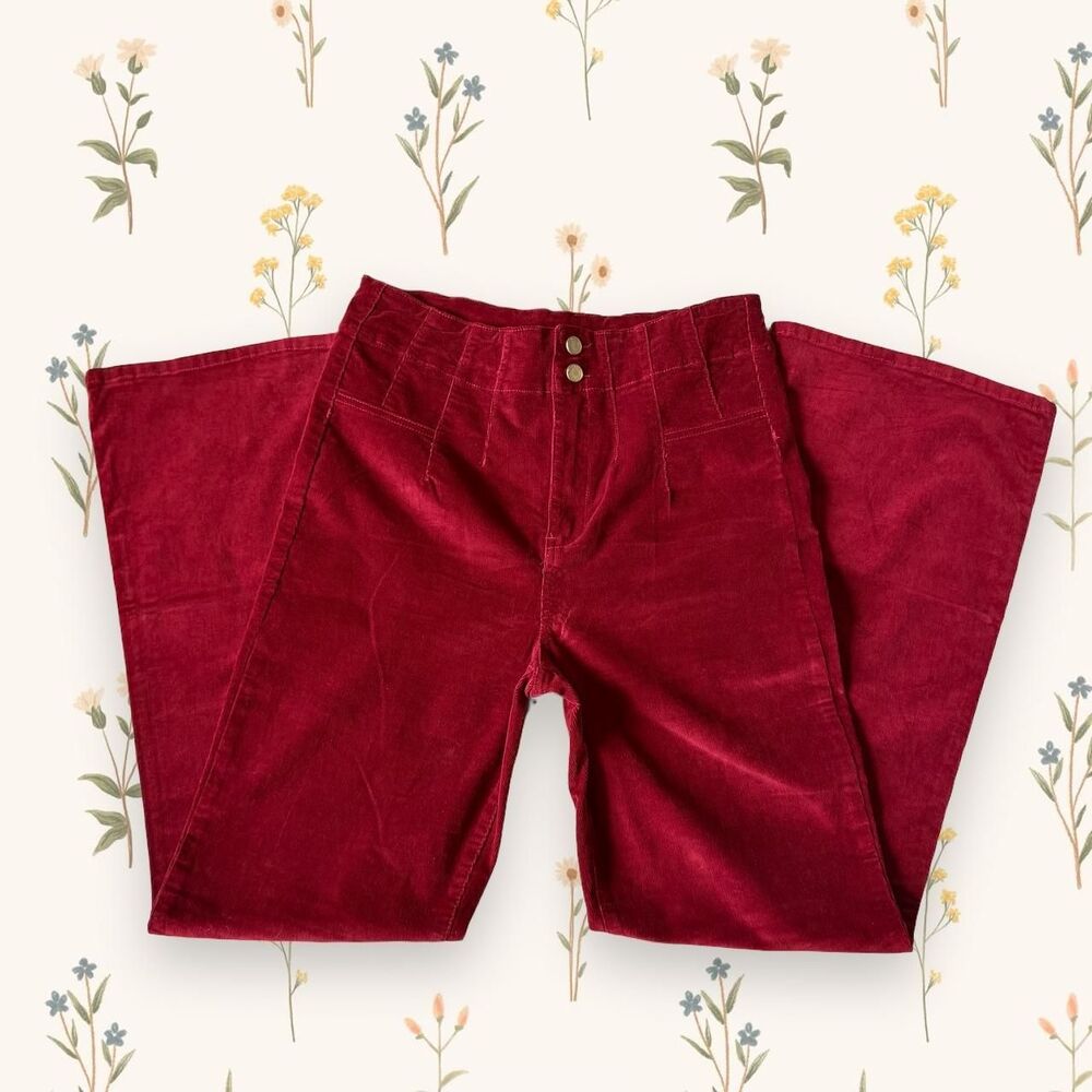 Avec Les Filles Retro Dark Red Wine High Rise Corduroy Flare Pants - 12